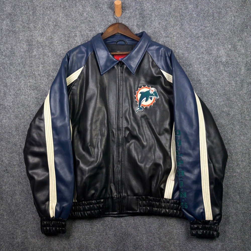 NFL Miami Dolphins Jacket Mens XL Black Blue Faux Leather Bomber Vintage Style